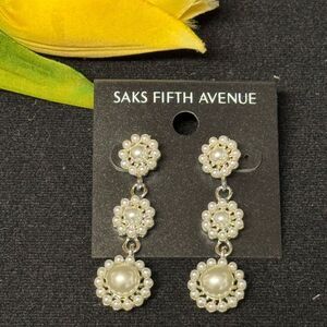 Saks Fifth Avenue Triple Pearl Cluster Earrings 2 inch